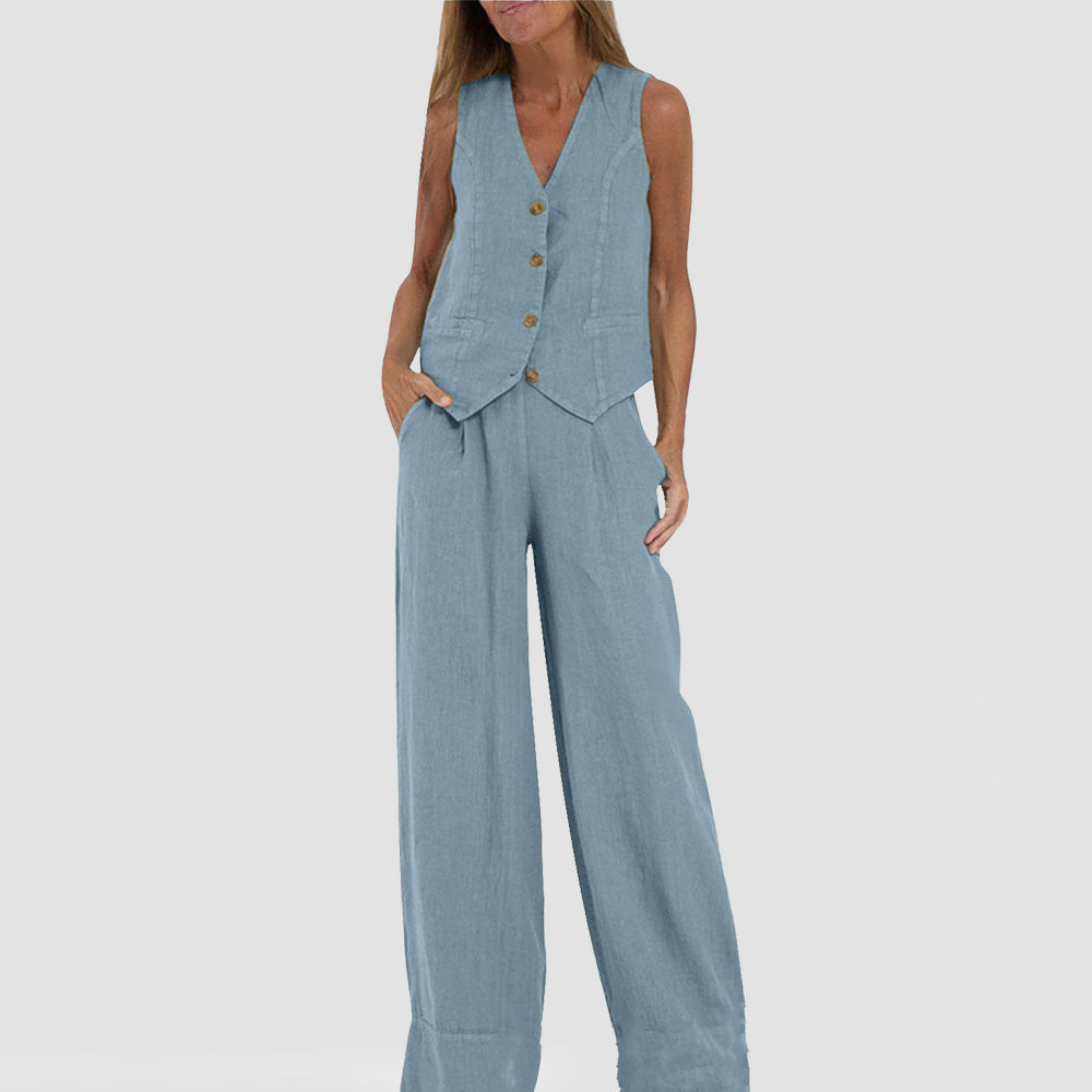Women's V-Neck Button Vest and Straight Pants Two Piece Set