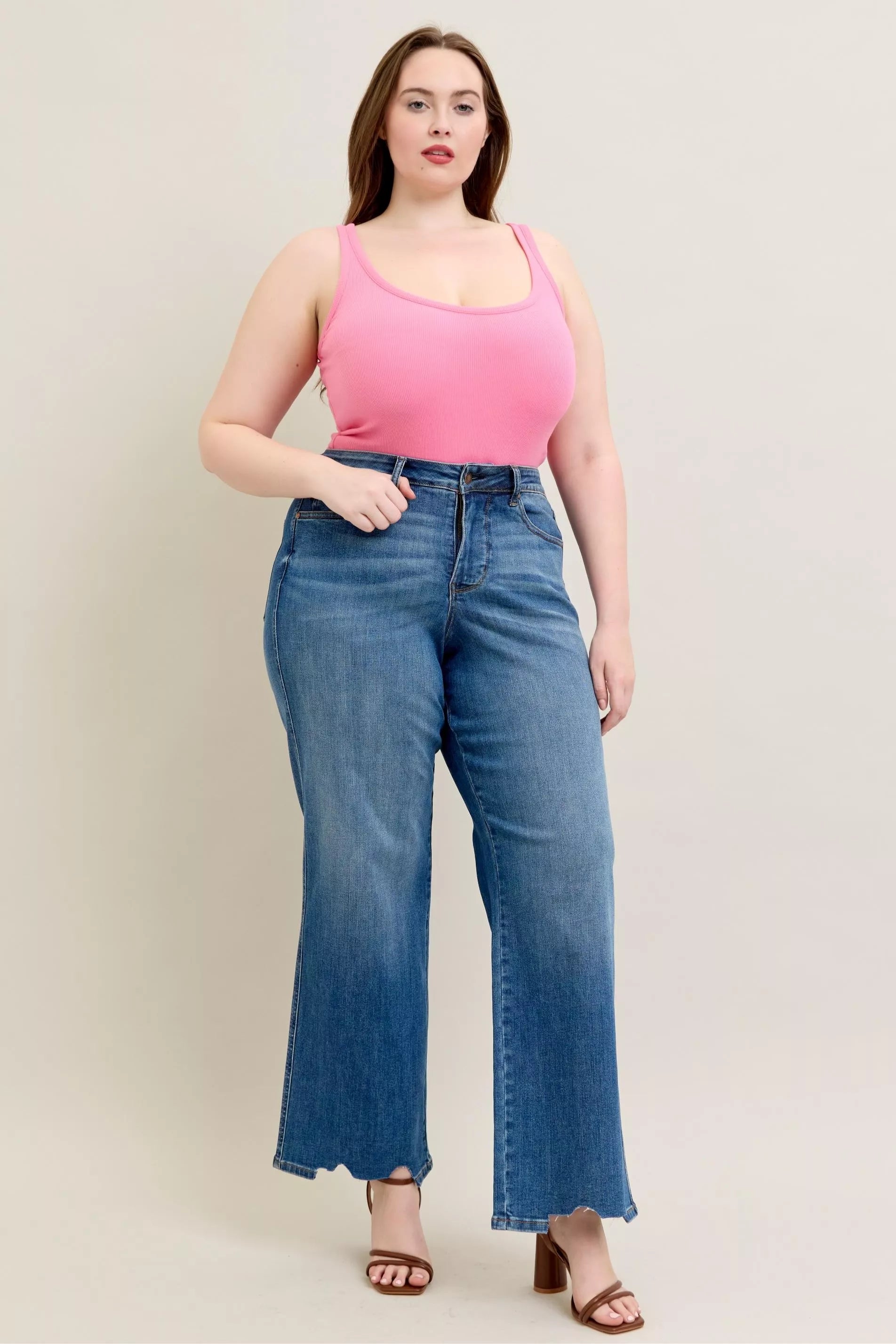 Sarah Express Women’s Plus Size High Rise Tummy Control Destroyed Wide Leg Jeans
