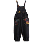 Floral Print Denim Overalls Plus Size Suspender Jeans Cropped