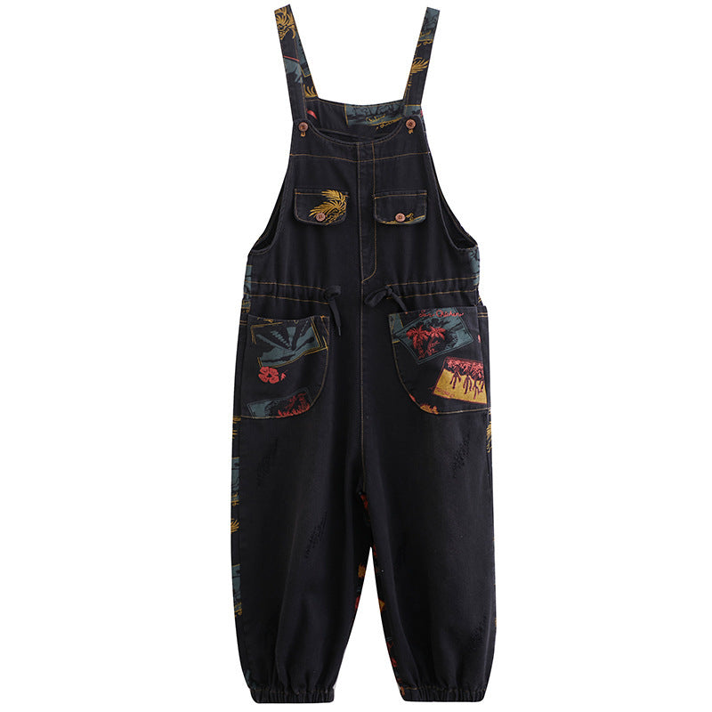 Floral Print Denim Overalls Plus Size Suspender Jeans Cropped