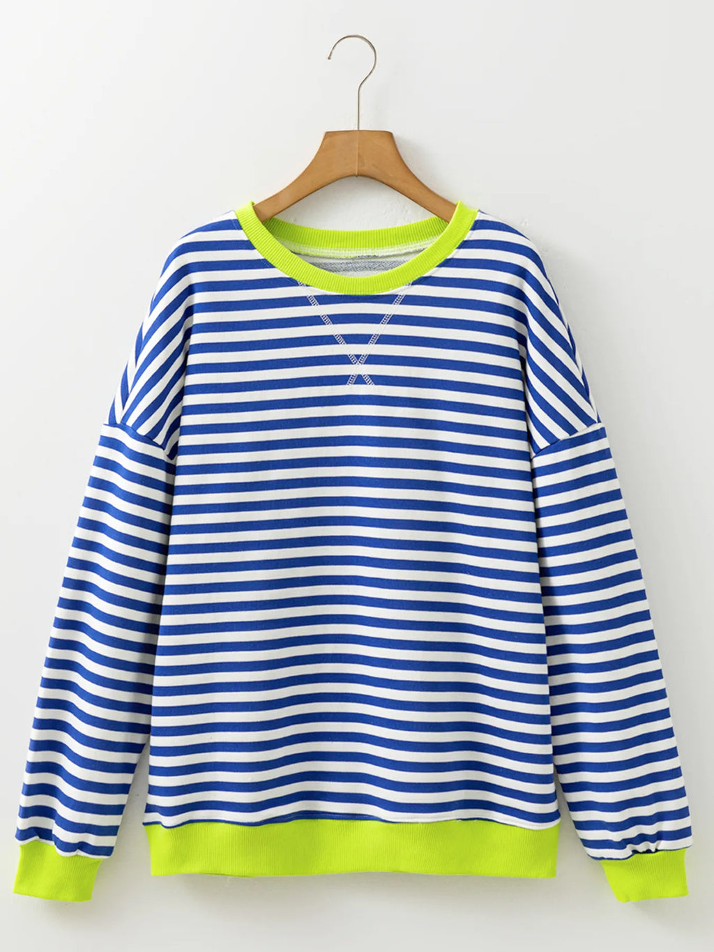 Sarah Express Women's Striped Contrast Ribbed Trim Drop Shoulder Sweatshirt