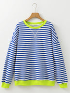 Sarah Express Women's Striped Contrast Ribbed Trim Drop Shoulder Sweatshirt