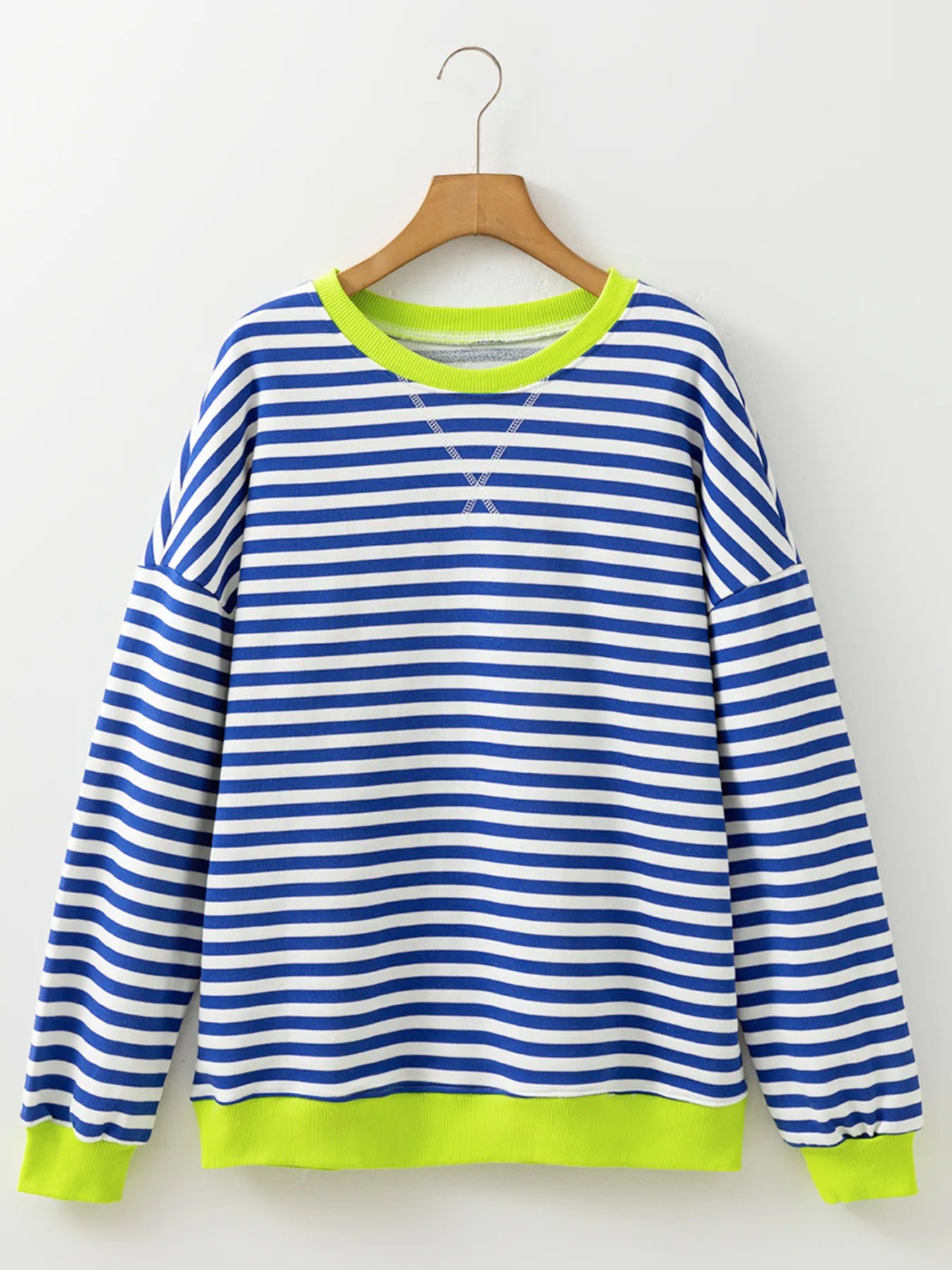 Sarah Express Women's Striped Contrast Ribbed Trim Drop Shoulder Sweatshirt