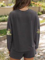 Sarah Express Women's Flying Mallard Sequin Patched Ribbed Long Sleeve Top and Shorts Set