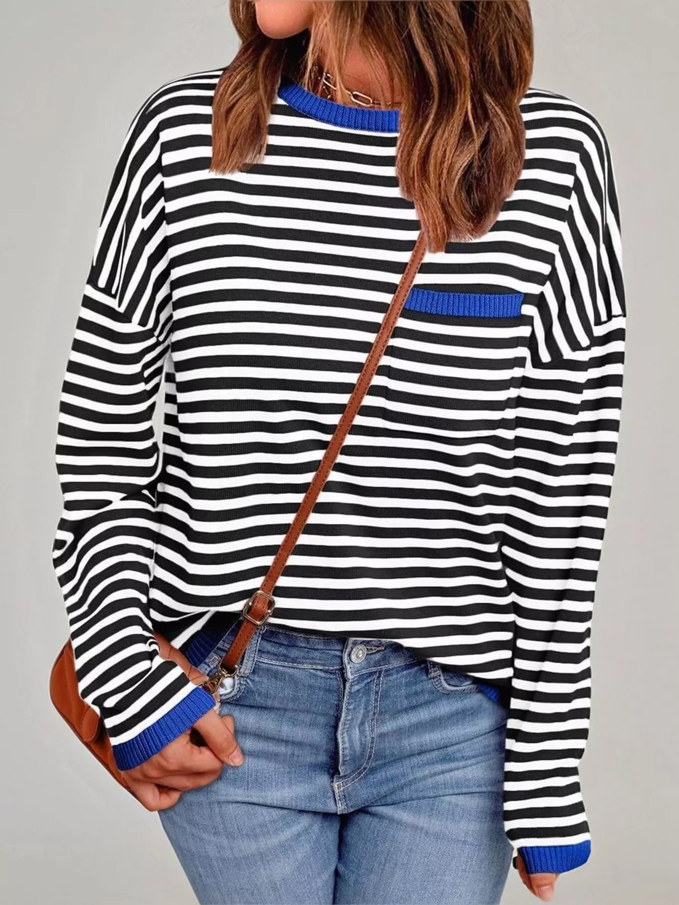 Sarah Express Women's Striped Round Neck Long Sleeve Knit Top with Pockets Royal Blue