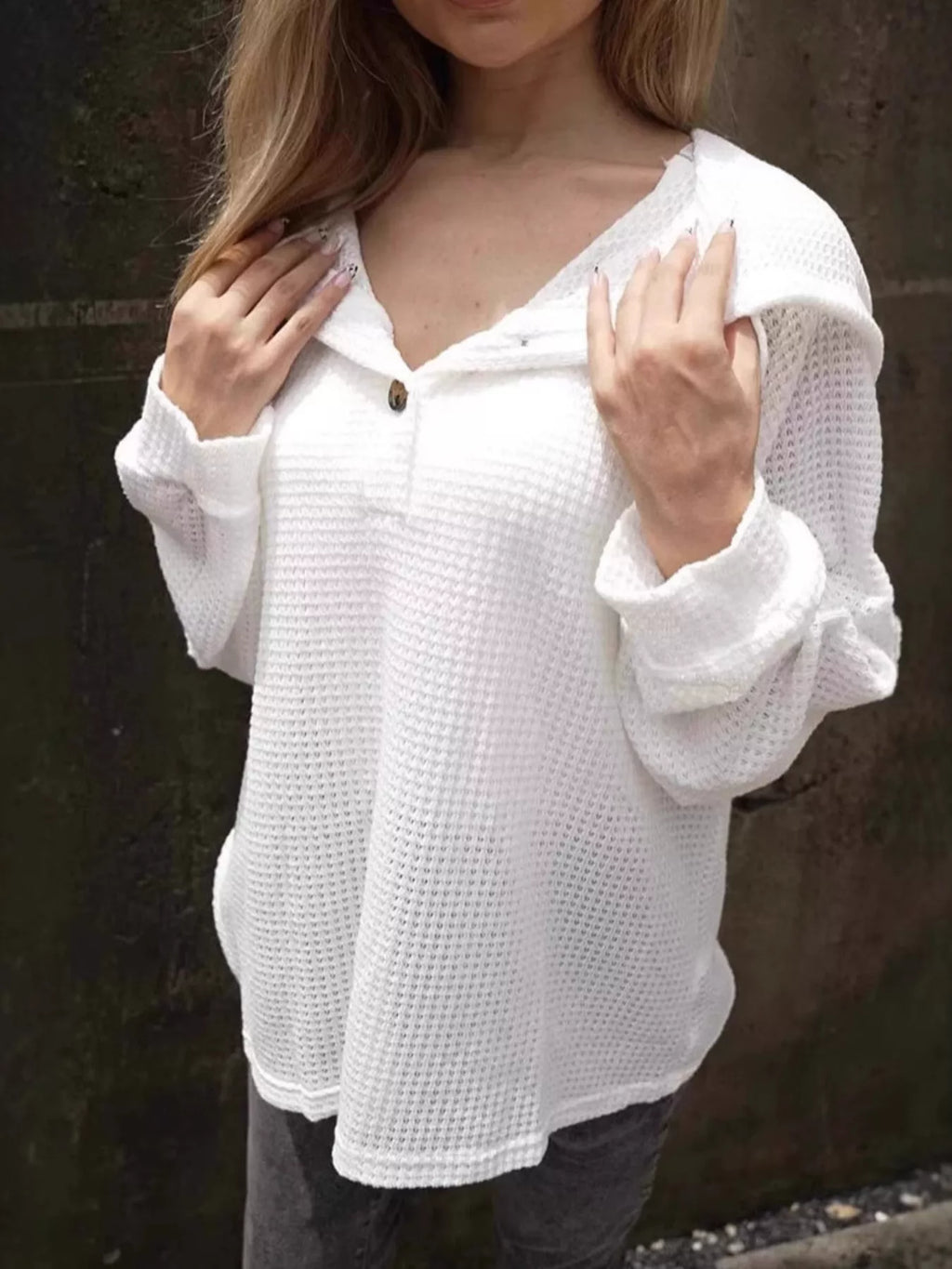 Sarah Express Women's Waffle Knit Hoodie with Button Detail