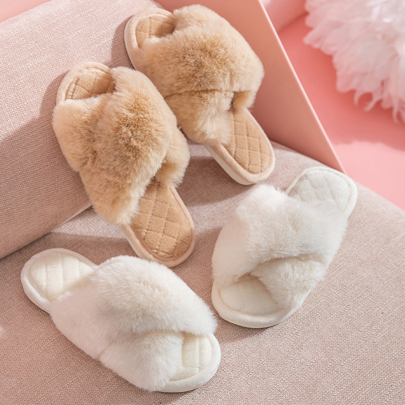 Sarah Express Furry Cross-Strap Plush Slides Indoor Slippers
