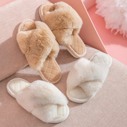 Sarah Express Furry Cross-Strap Plush Slides Indoor Slippers