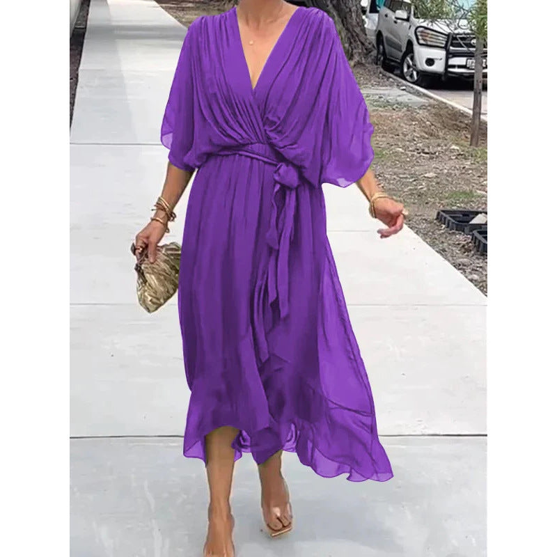 Women's Batwing Sleeve V-Neck Dress Summer Tie Detail Irregular Hem Mid-Length Fairy Dress