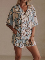Sarah Express Women's Printed Button Up Shirt and Shorts Set - Two Piece Summer Outfit