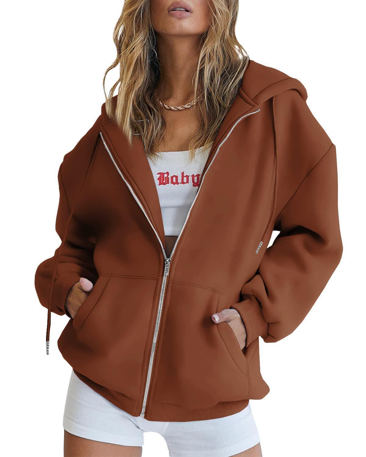 Women's Zip Up Hoodie Solid Color Drawstring Sweatshirt Casual Long Sleeve Fall Winter Top