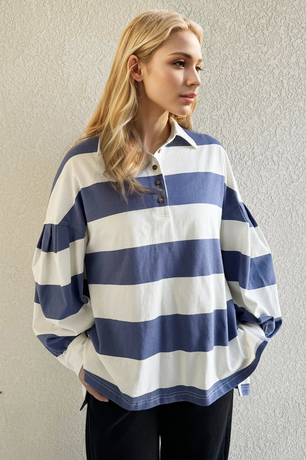Sarah Express Women's Pima Cotton Wide Striped Collared Long Sleeve Top - Casual Work Shirt