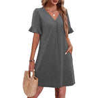 Women's V-Neck Ruffled A-Line Dress with Pockets Vacation Casual Short Sleeve