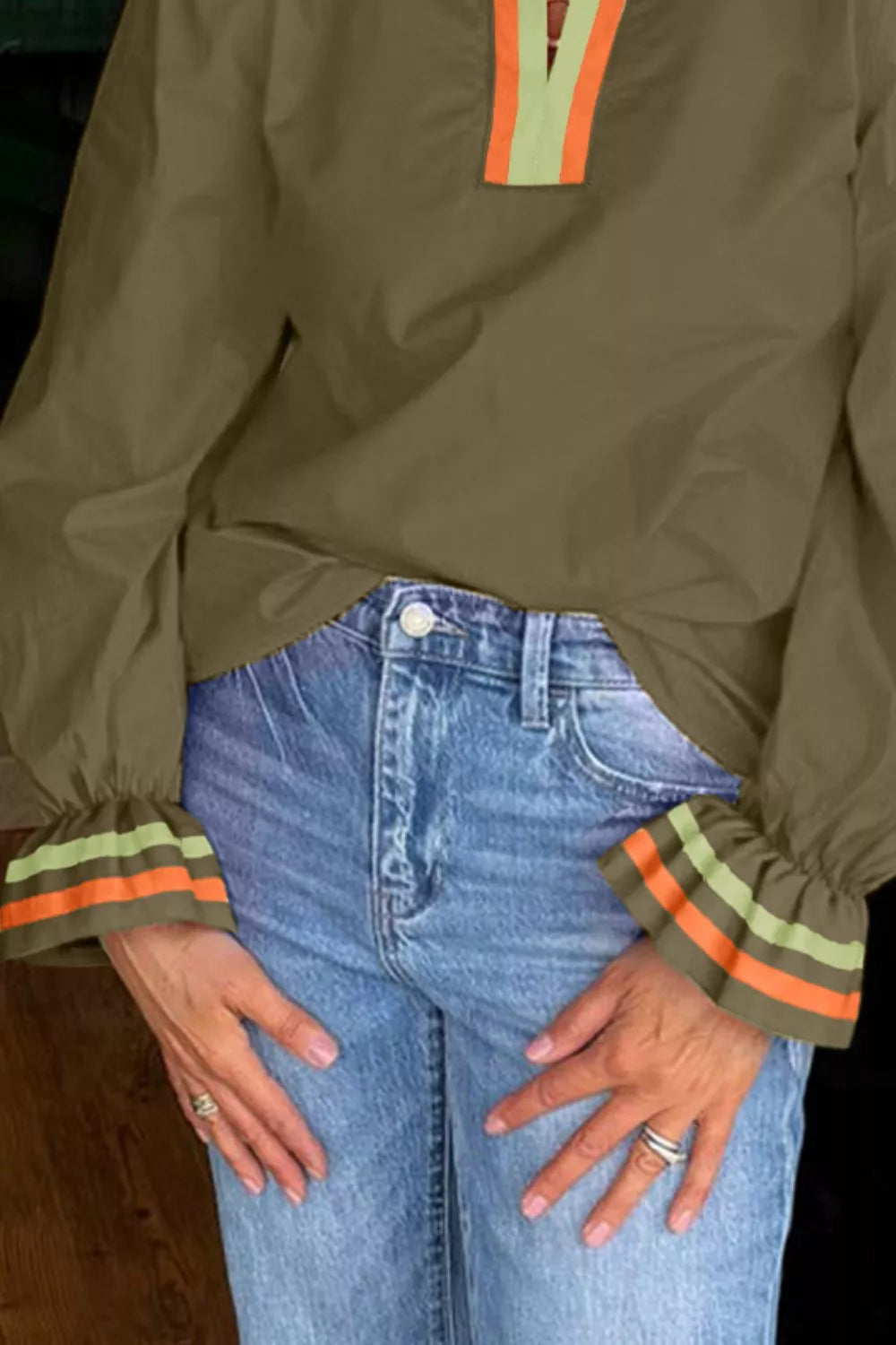 Sarah Express Women's Notched Flounce Sleeve Blouse