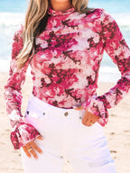 Sarah Express Women's Floral Mesh Flounce Sleeve Mock Neck Blouse