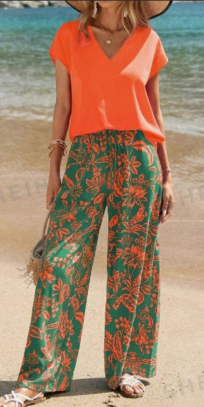 Sarah Express Women's V-Neck Top Botanical Print Pants Set - Two-Piece Summer Casual Outfit