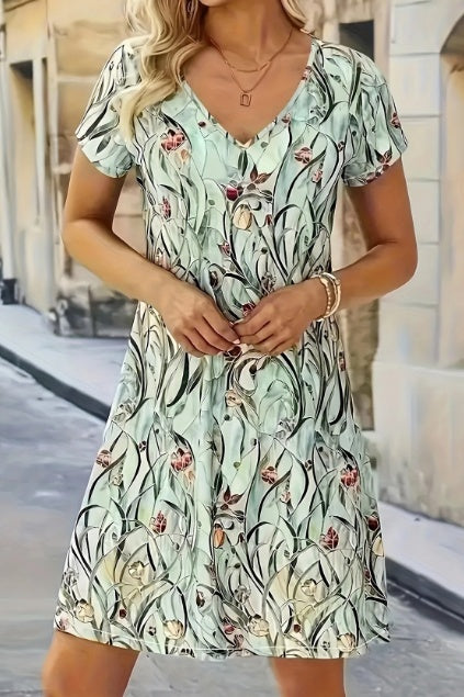 Leaf Print V-Neck A-Line Knee Length Dress