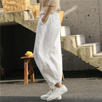 Women's Linen Cropped Pants - Washed Artistic Baggy Trousers with Embroidery & Belt