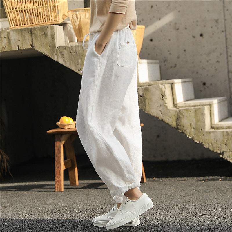 Women's Linen Cropped Pants - Washed Artistic Baggy Trousers with Embroidery & Belt