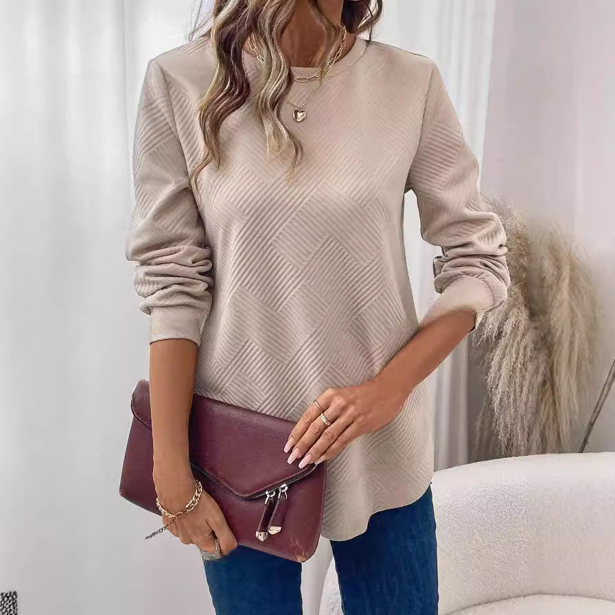 Women's Crew Neck Long Sleeve Casual Shirt Embossed Texture