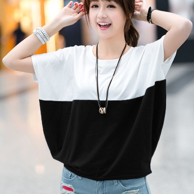 Women's Color Block Batwing Sleeve Top Short Sleeve Casual Loose Fit Shirt