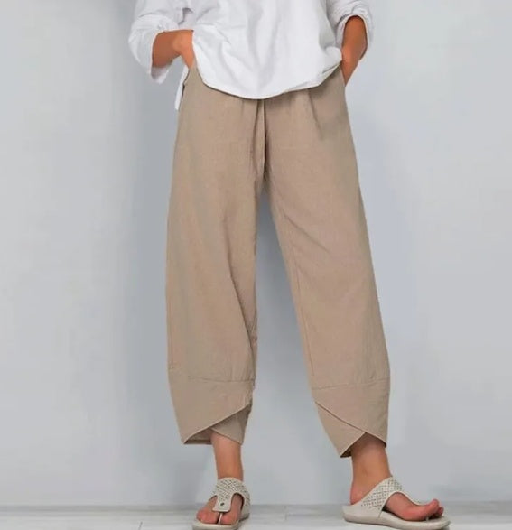 Women's Wide Leg Cotton Linen Pants Cropped Mid-Waist Casual
