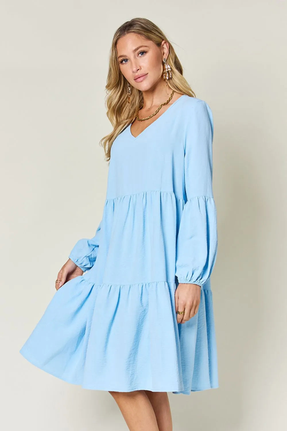 Sarah Express Women’s Plus Size V-Neck Balloon Sleeve Tiered Dress
