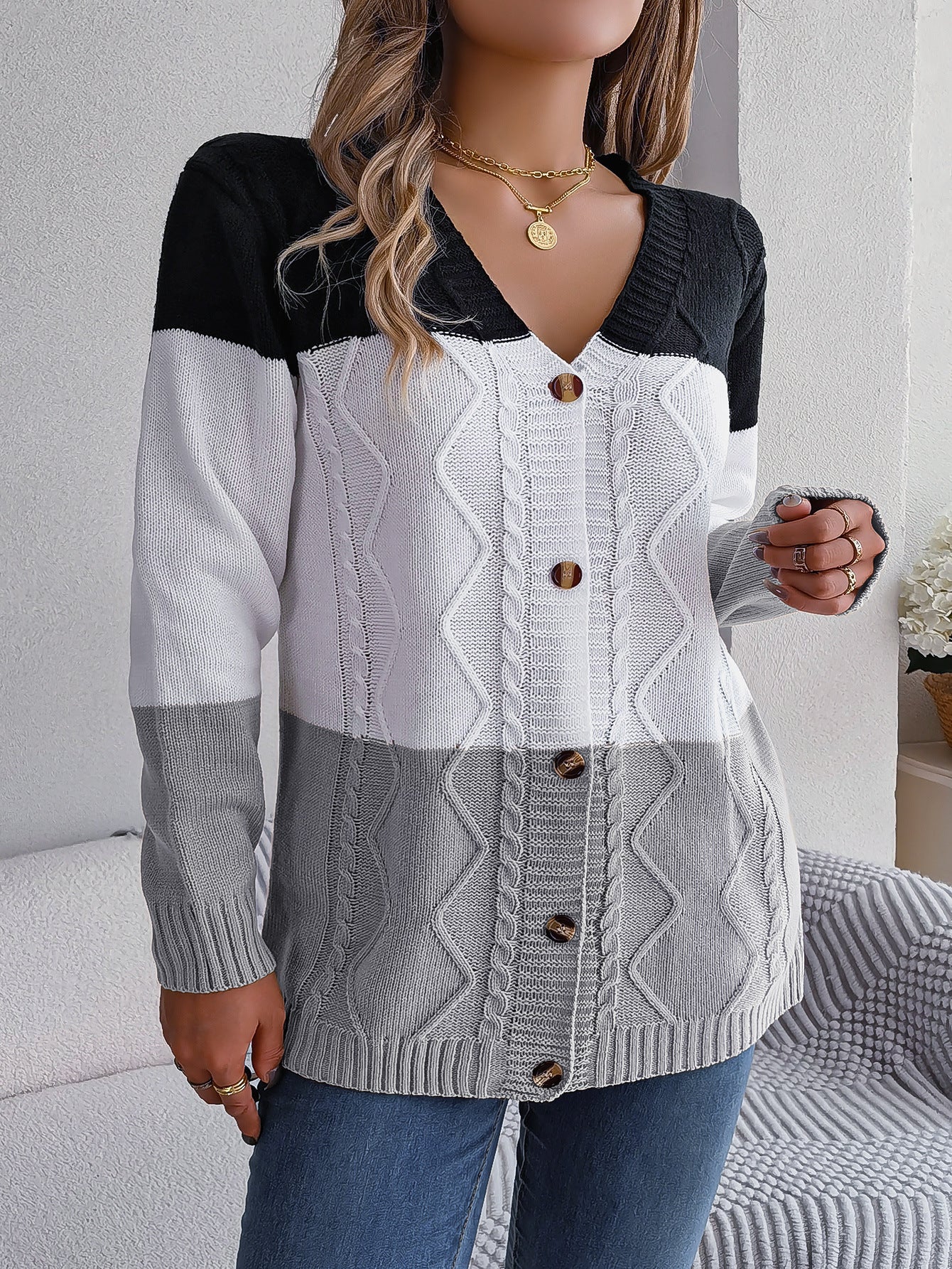 Women's Contrast Color Block Button Long Sleeve Sweater Loose Fit Acrylic Knit