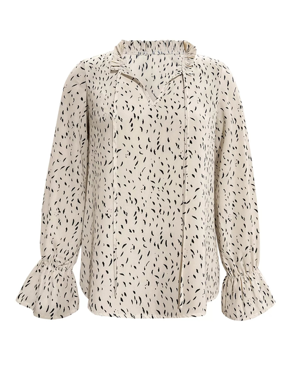 Sarah Express Women's Ruffled Printed Tie Neck Long Sleeve Blouse