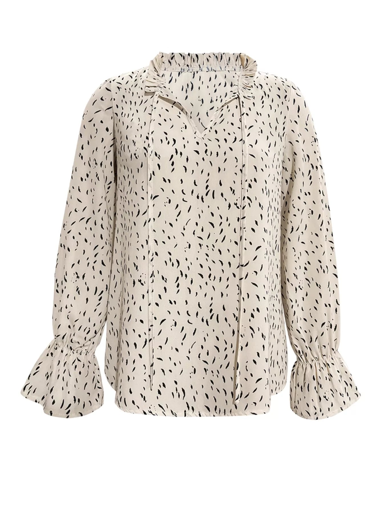 Sarah Express Women's Ruffled Printed Tie Neck Long Sleeve Blouse