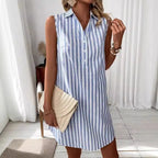 Women's Striped Sleeveless V-Neck Button Front Midi Shirt Dress