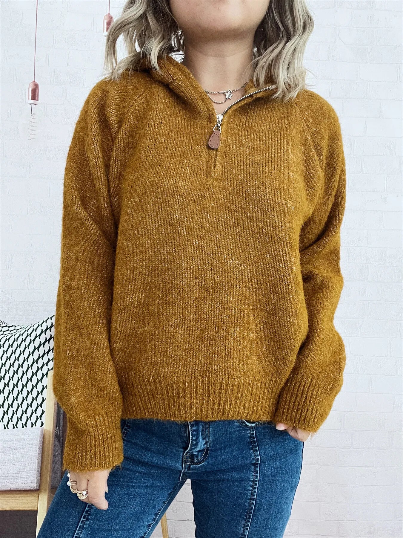 Sarah Express Women's Quarter Zip Ribbed Hem Sweater Khaki One Size