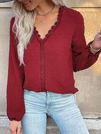 Sarah Express Women's Lace Detail V-Neck Long Sleeve Blouse