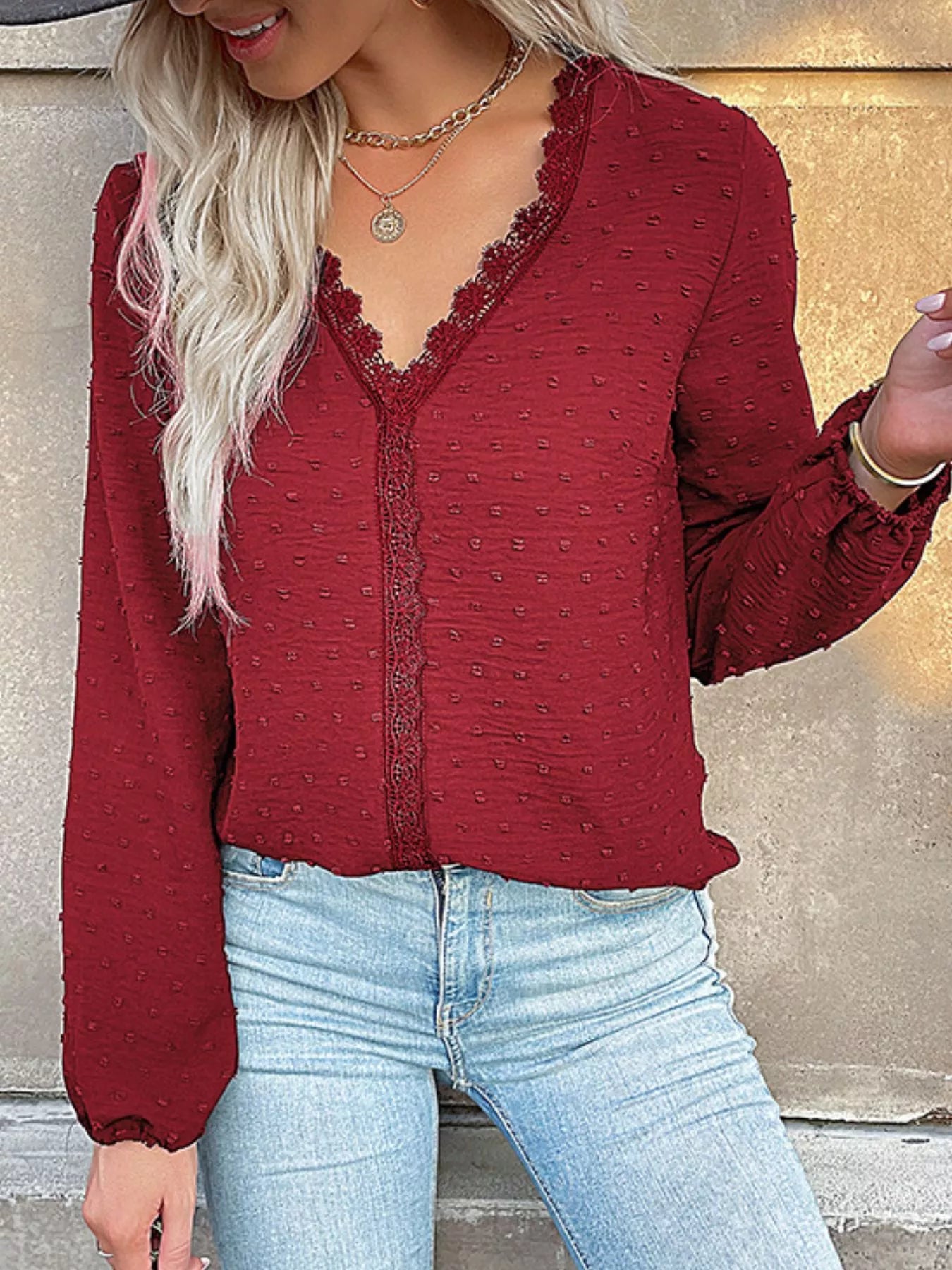 Sarah Express Women's Lace Detail V-Neck Long Sleeve Blouse