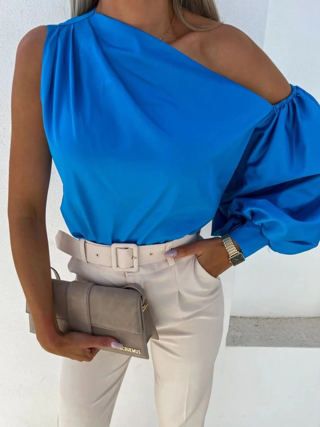 Sarah Express Women's One Shoulder Puff Sleeve Blouse