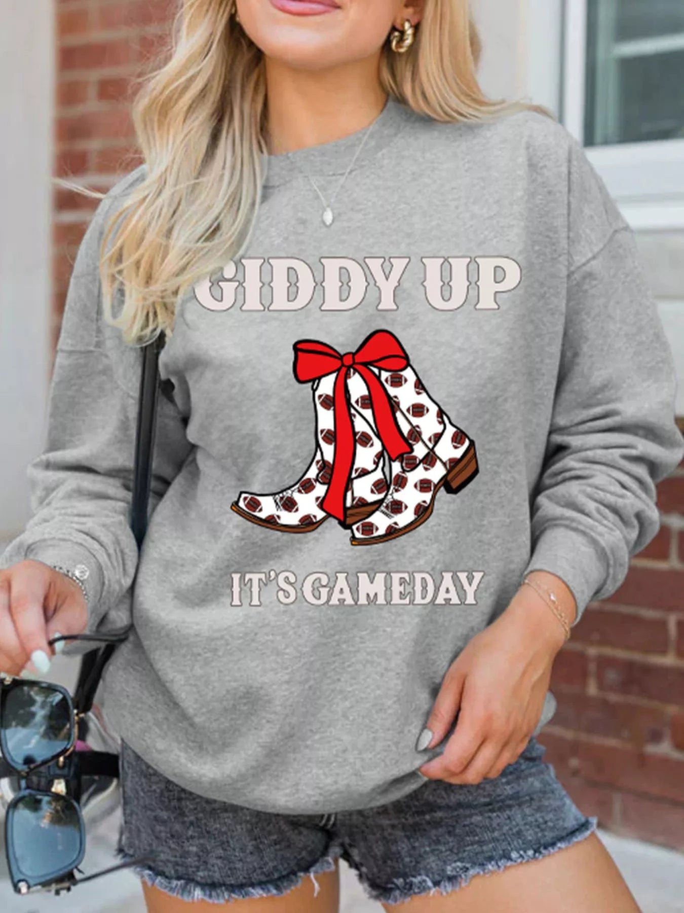 Sarah Express Women's Giddy Up Its Game Day Cowgirl Boots Graphic Sweatshirt