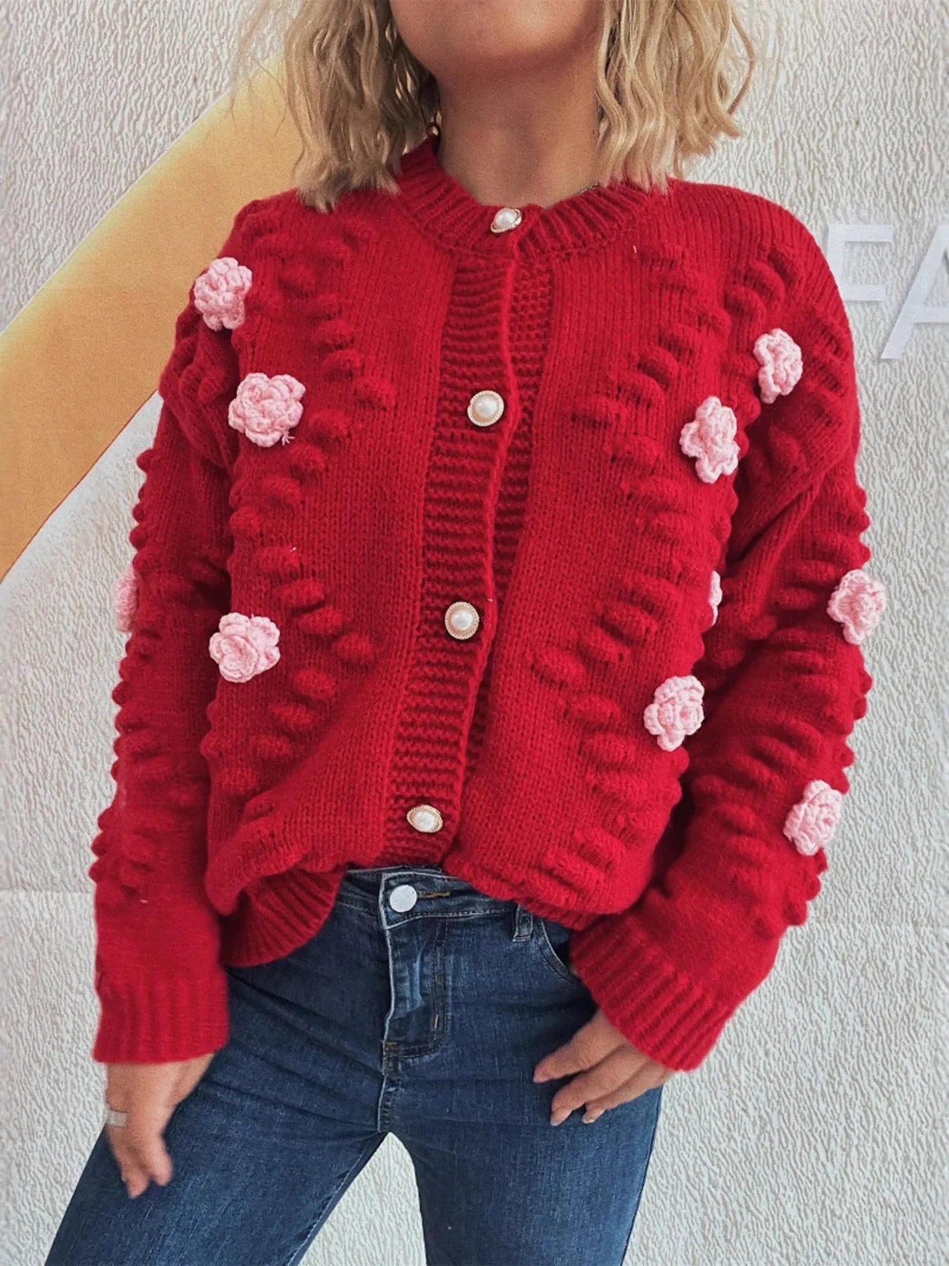 Sarah Express Women's Flower Button Up Long Sleeve Cardigan