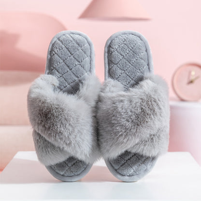 Sarah Express Furry Cross-Strap Plush Slides Indoor Slippers Grey