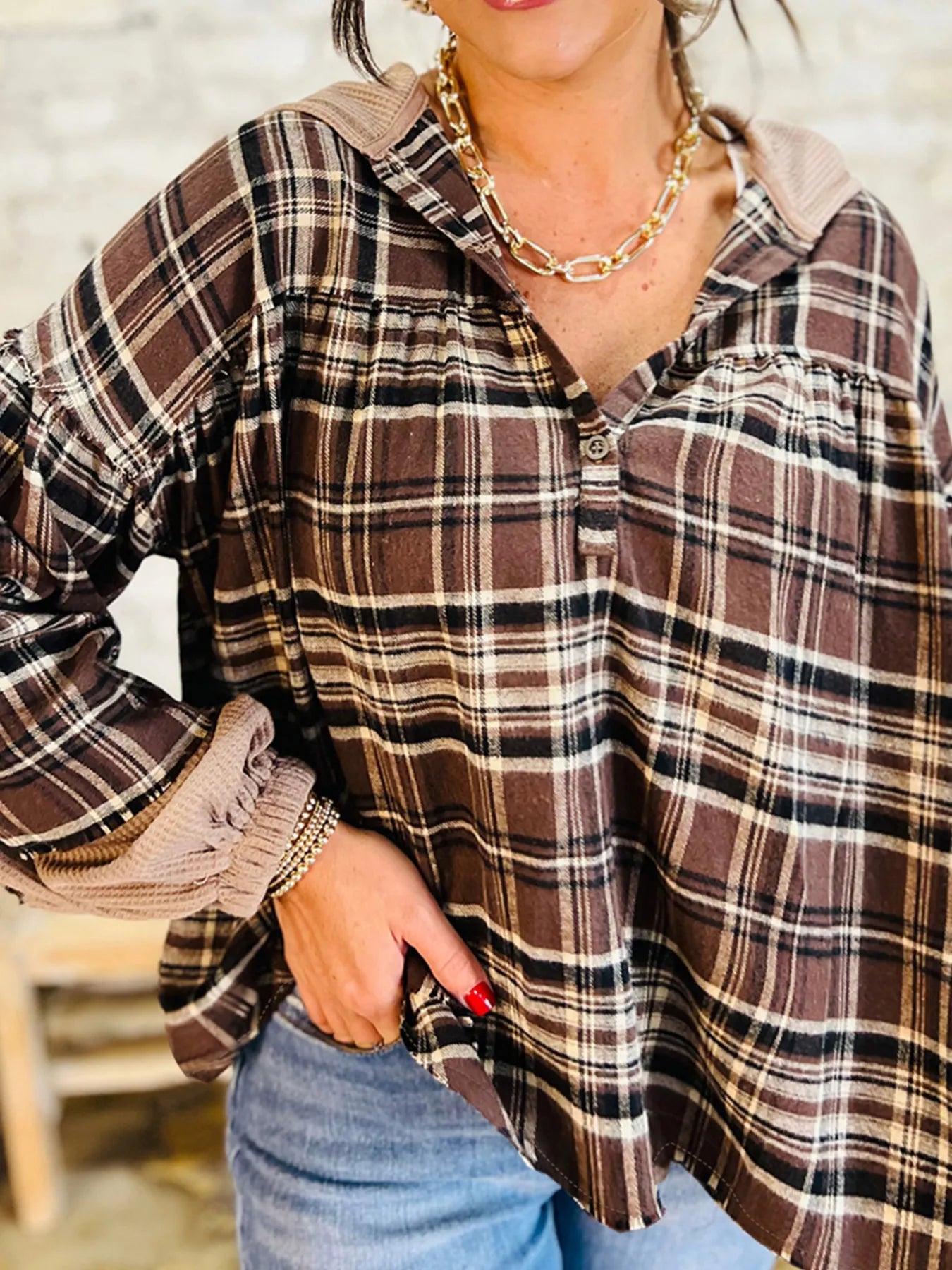 Sarah Express Women's Plaid Patchwork Long Sleeve Hooded Top Brown