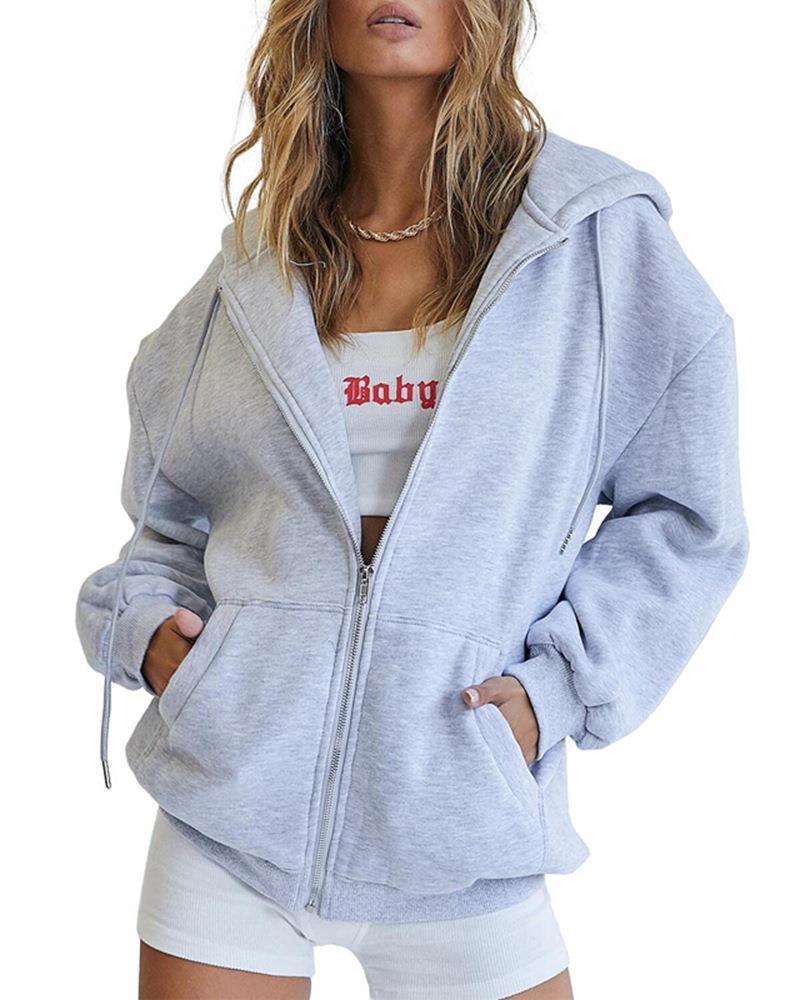 Women's Zip Up Hoodie Solid Color Drawstring Sweatshirt Casual Long Sleeve Fall Winter Top