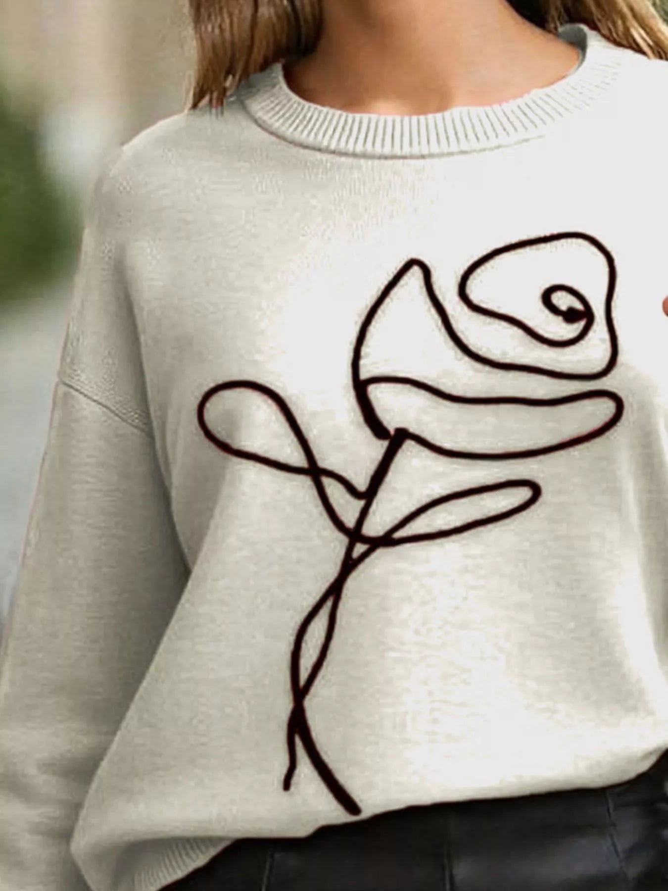 Sarah Express Women's Flower Round Neck Dropped Shoulder Sweater