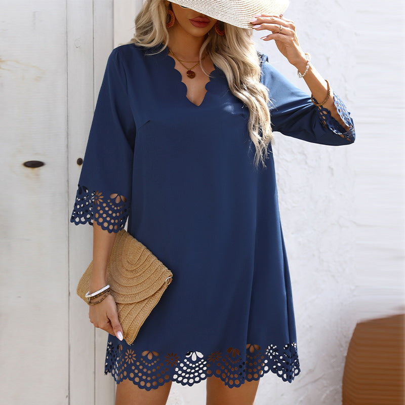 Lace Floral A-Line V-Neck Midi Dress Long Sleeve Pullover