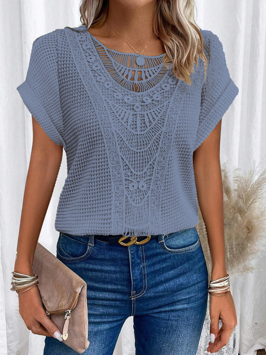 Women's Hollow Out Short Sleeve T-Shirt Ethnic Boho Style