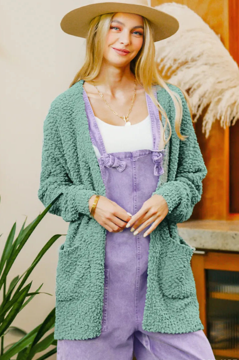  Long Sleeve Popcorn Sweater Cardigan with Pockets