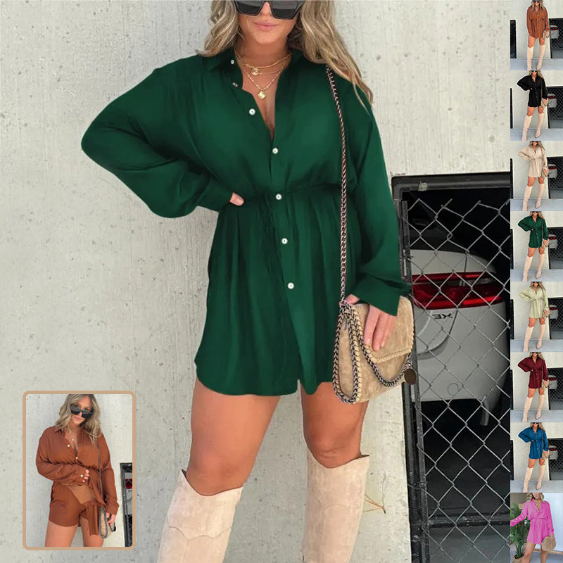 Women's Long Sleeve Button-Down Romper Shorts Jumpsuit