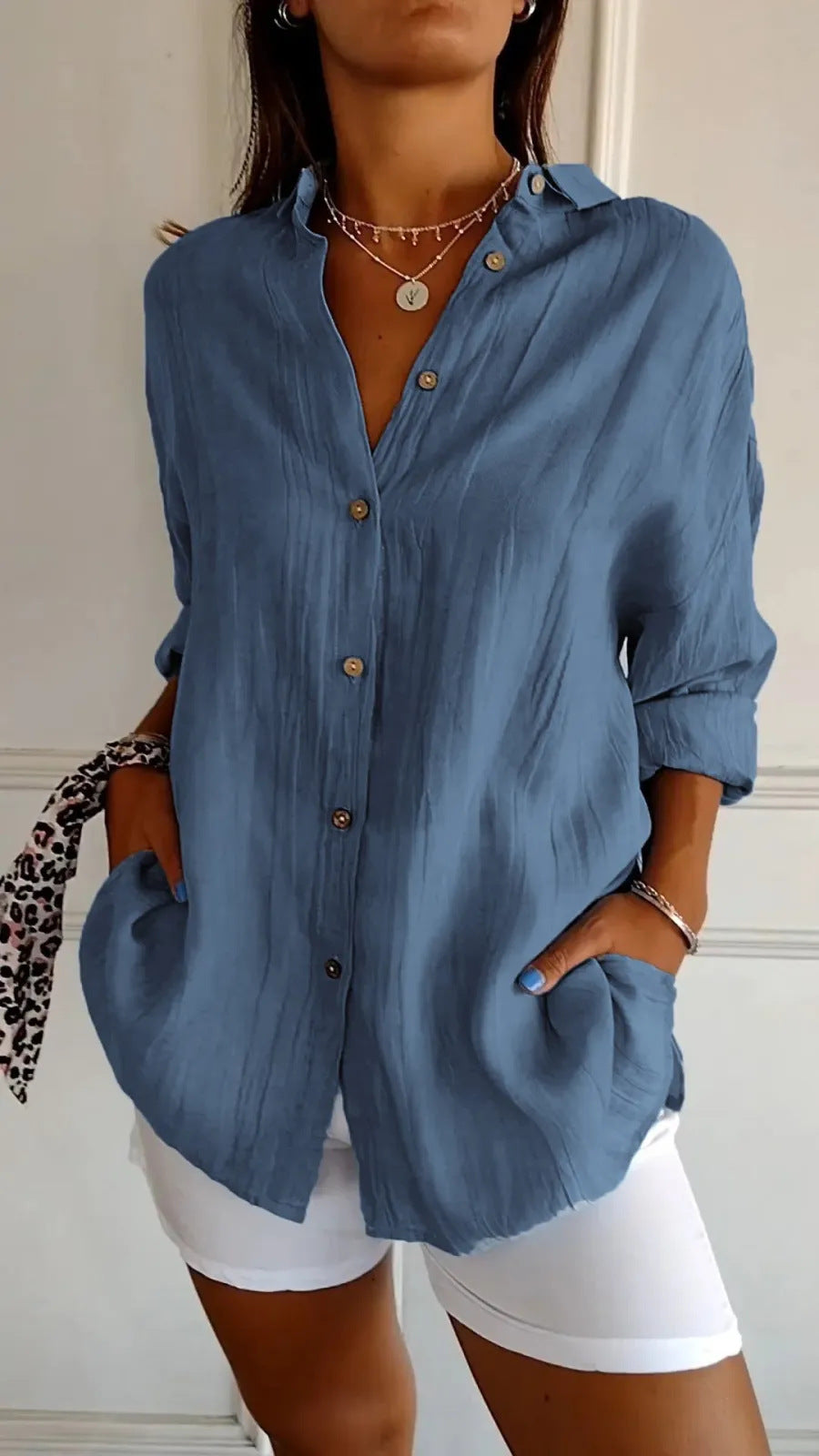 Women's Lapel Long Sleeve Pleated Button Front Shirt Blouse
