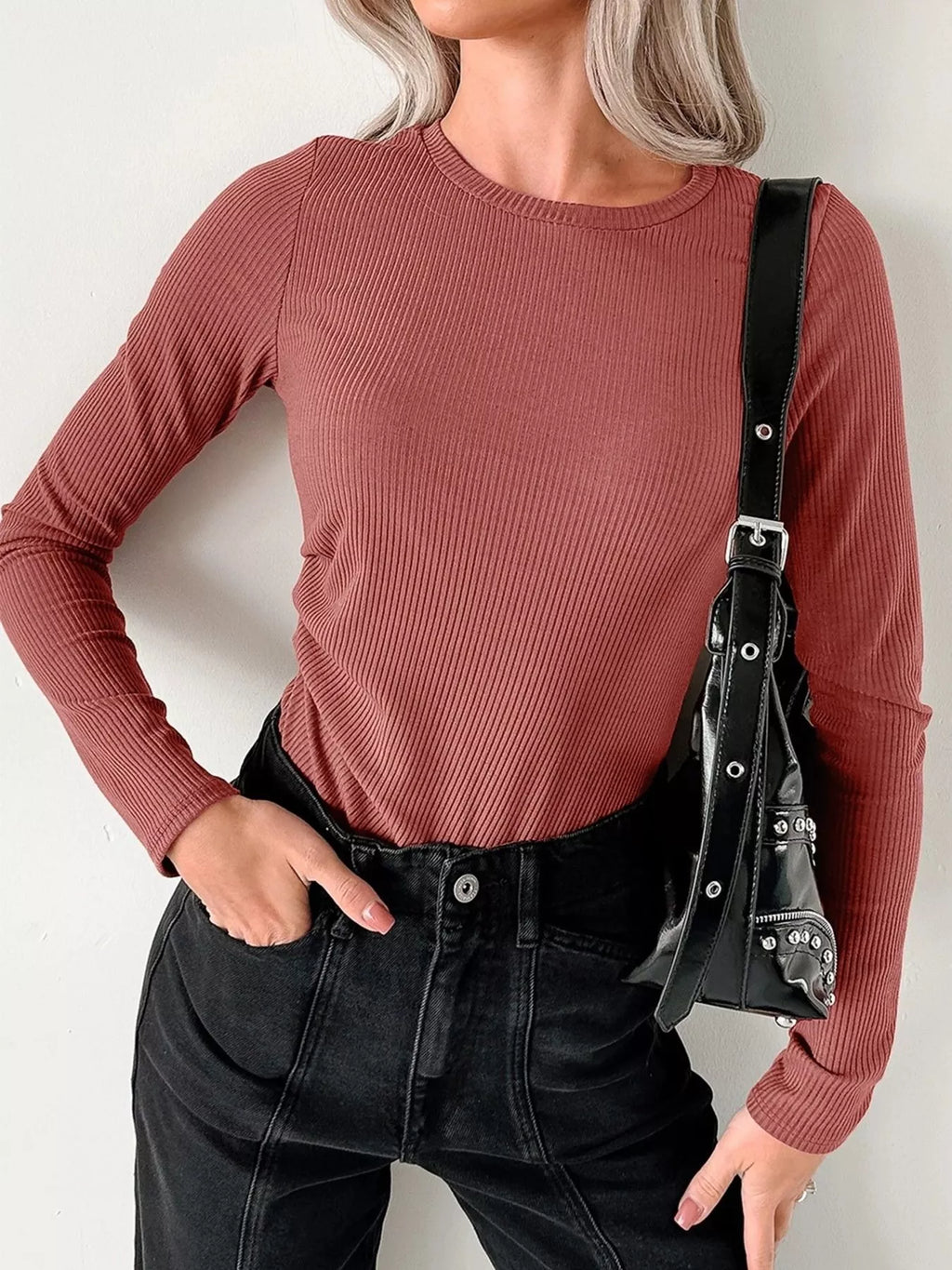 Sarah Express Women's Ribbed Long Sleeve Fitted Bodysuit Dusty Pink