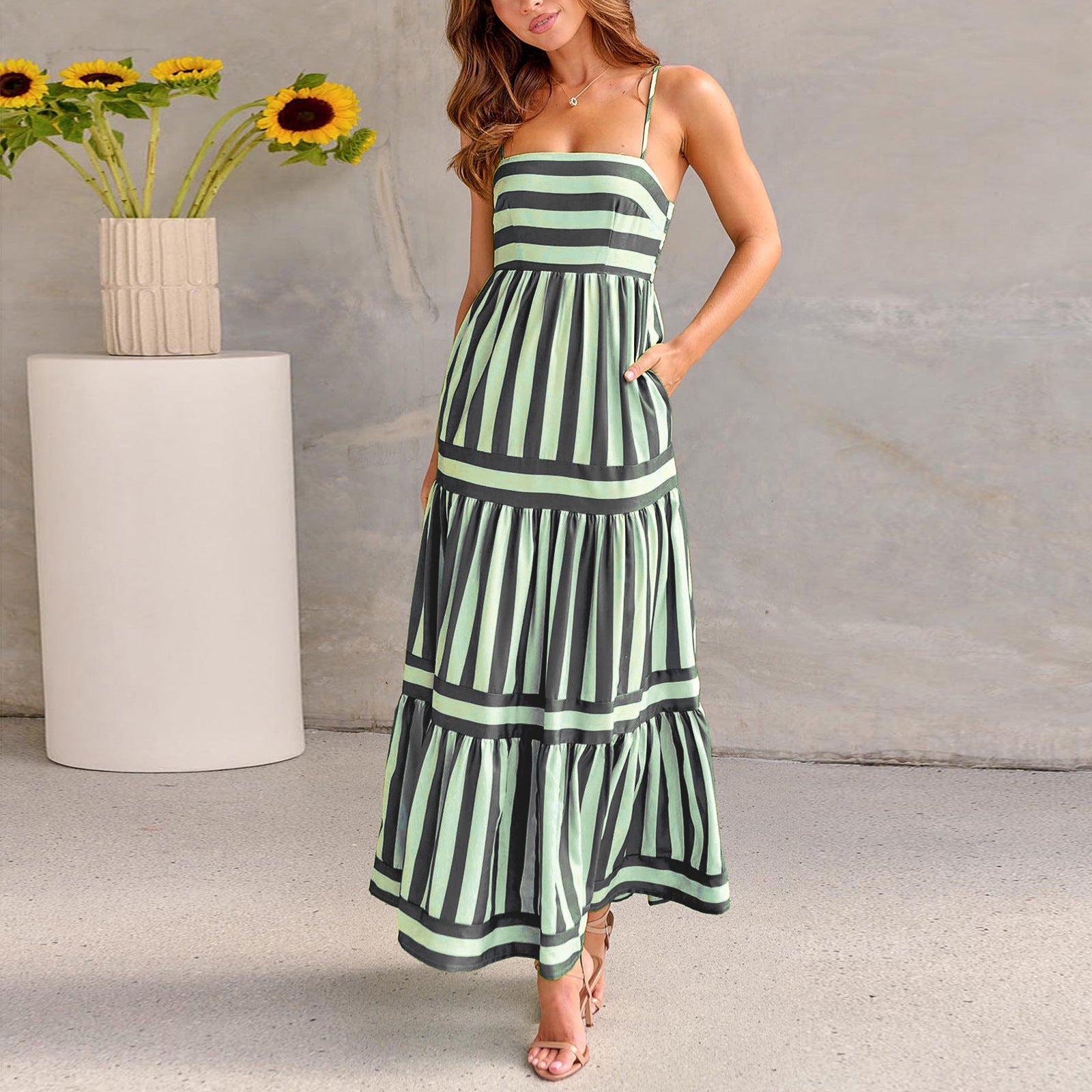 Striped Square Neck Maxi Dress Backless Suspender with Pockets