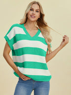 Sarah Express Women's Striped V-Neck Short Sleeve Sweater