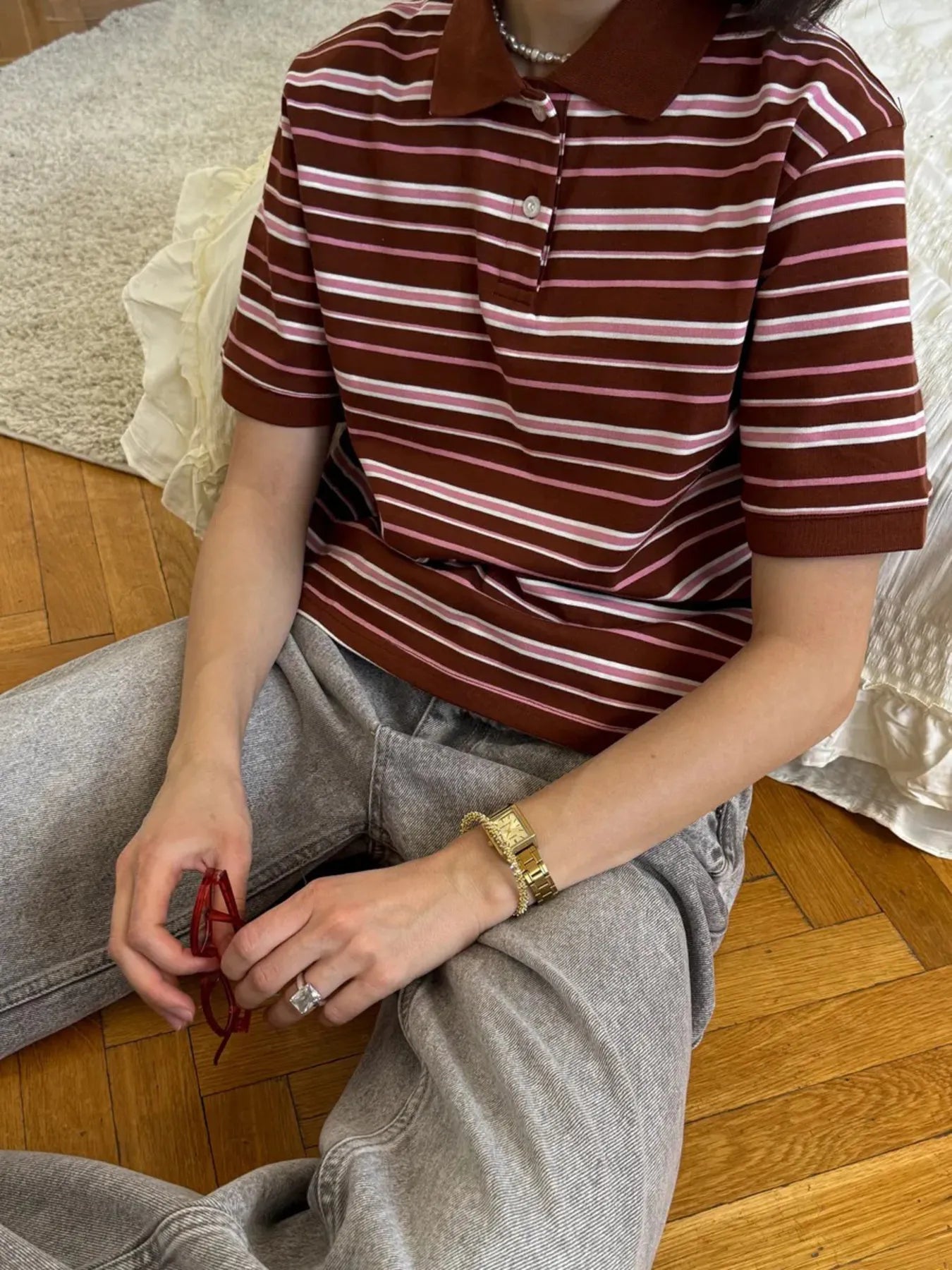 Sarah Express Women's Striped Polo T-Shirt with Contrast Collar Coffee Color